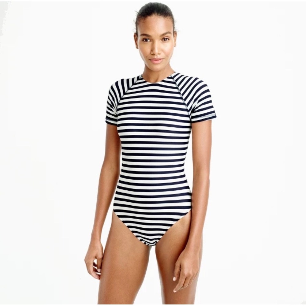 J.Crew Navy White Striped Short Sleeve Open Back Rash Guard One Piece Swimsuit 4